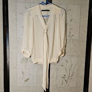 Zara Cream Blouse with Sailor Collar Relaxed Fit and Tie Front